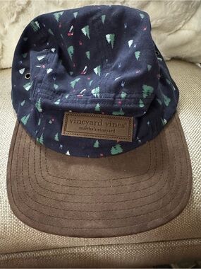 Vineyard Vines Navy Tree Pattern Cap with Brown Brim Martha’s Vineyard